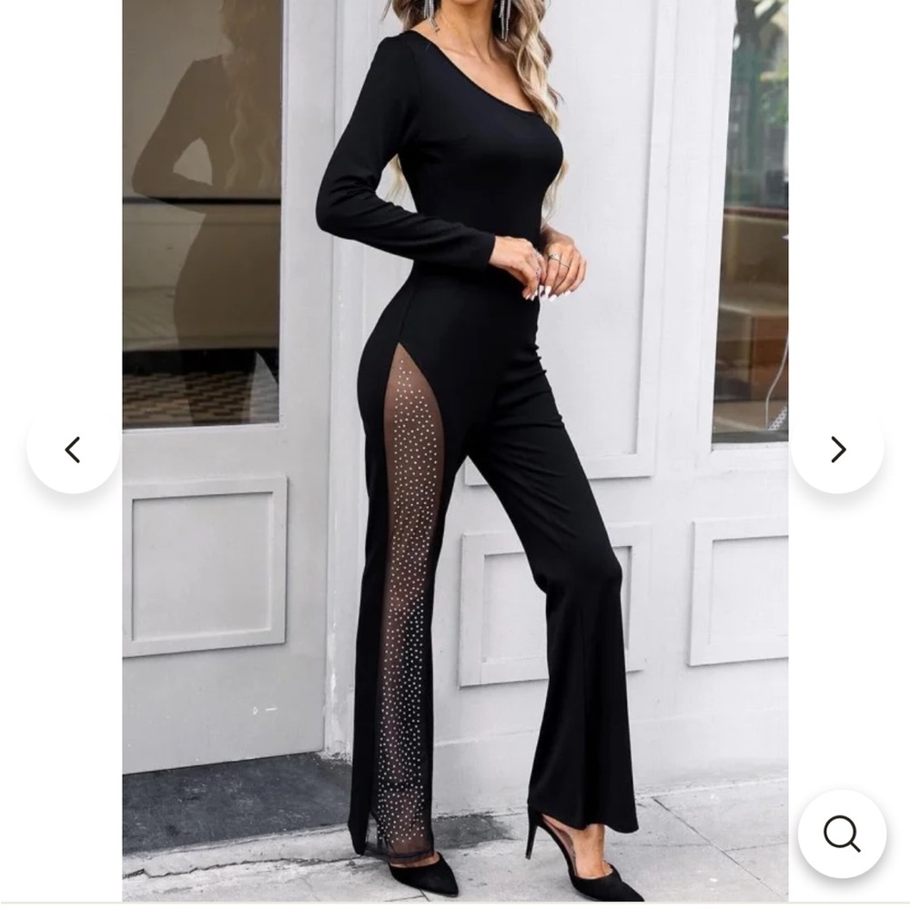 One Shoulder Glitter Mesh Long Sleeve Jumpsuit